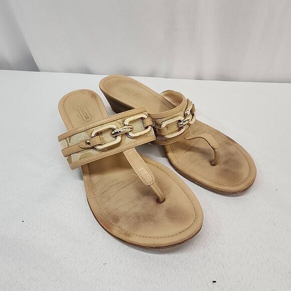 Coach Sandals Womens Size 7.5 Virginia Slip on Beige Tan Wedge Logo Chain Sandal - Picture 1 of 7